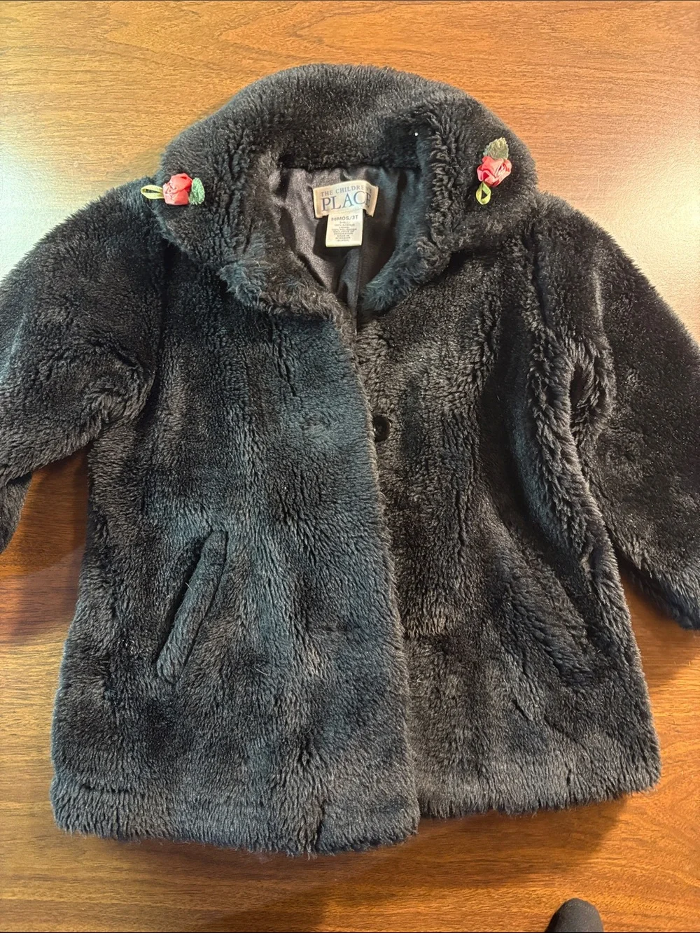 The Children's Place Girls' Black Faux Fur Coat with Rose Appliques
